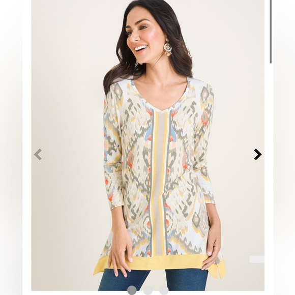 Chicos Zenergy Ikat Trimmed Border White Yellow Patterned Tunic Blouse 3 - Picture 1 of 6